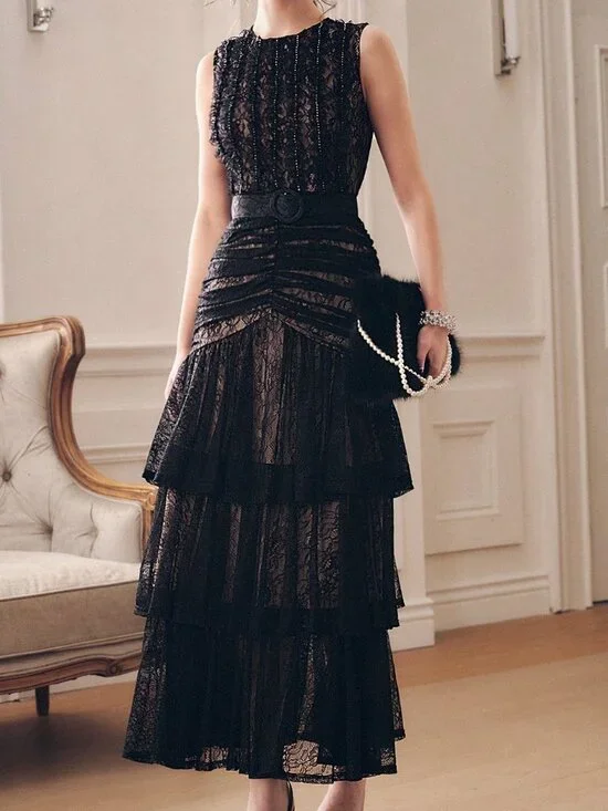 Black Elegant Women's Sleeveless Lace Layered Dress - Picture 6 of 7